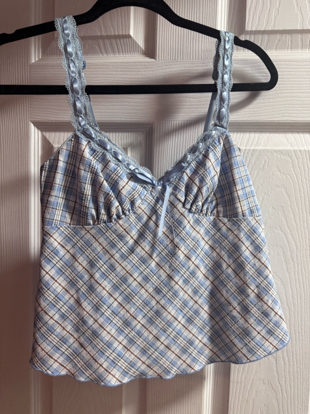 Blue and White Plaid Lace-Trim Cami Top